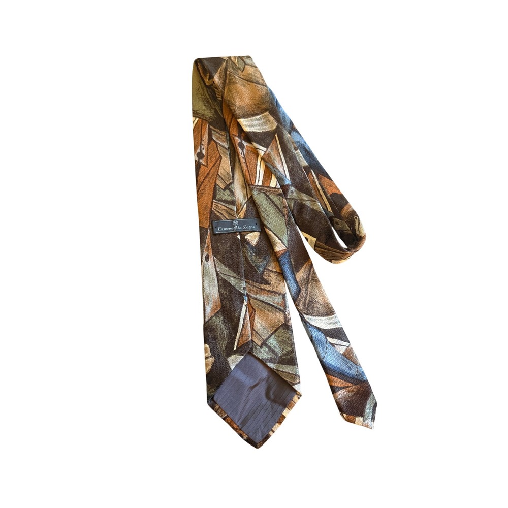 Ermenegildo Zegna Mens Silk Tie Abstract Geometric Brown Green Blue Italy